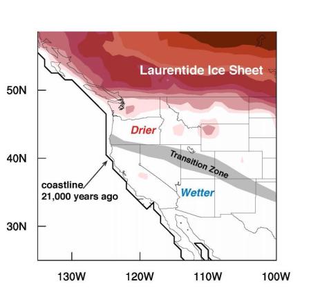 Reconstruction of the climate 21,000 years ago at the peak of the last ice age in the western US found that the transition between the dryer zone in the north and wetter zone in the south ran diagonally from the northwest to southeast. Credit :Jessica Oster, Vanderbilt University 